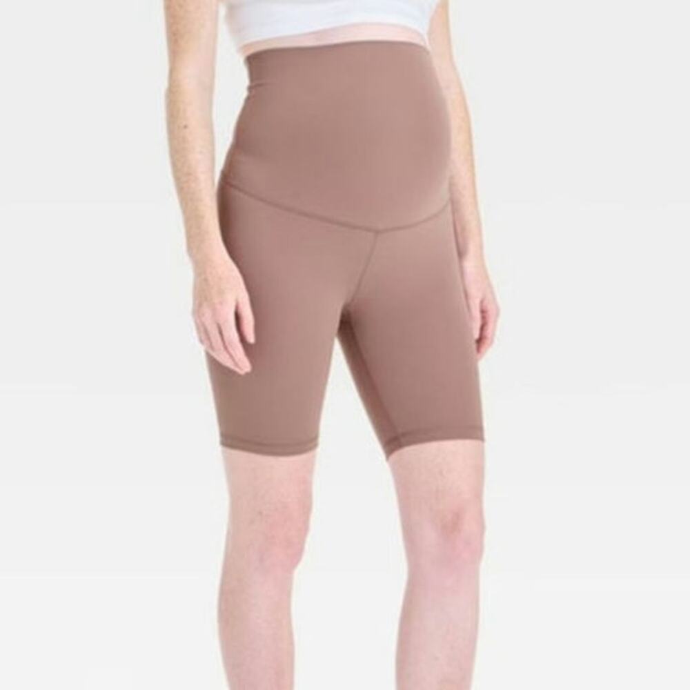 Isabel Maternity Over Belly High-Rise Active Maternity Bike Shorts Size M Taupe